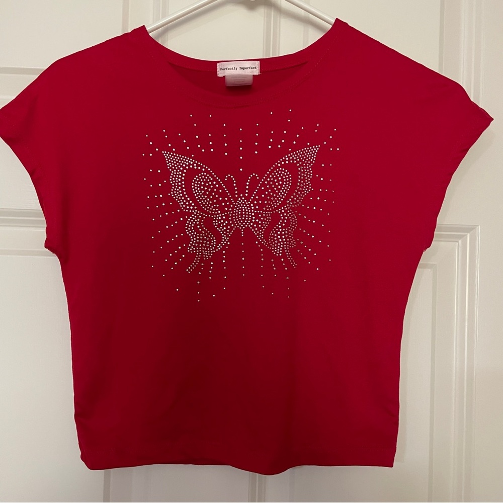Red Graphic Crop Tee with Cap Sleeves